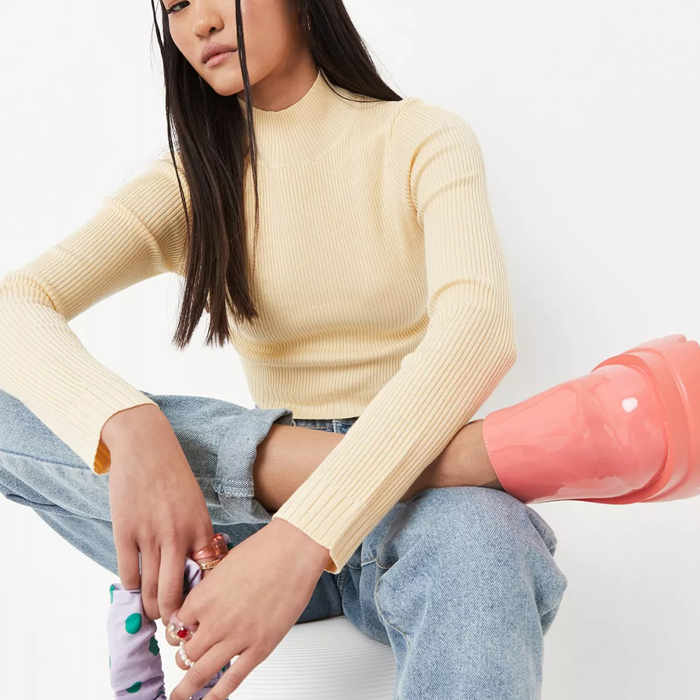 yellow high neck knit crop top