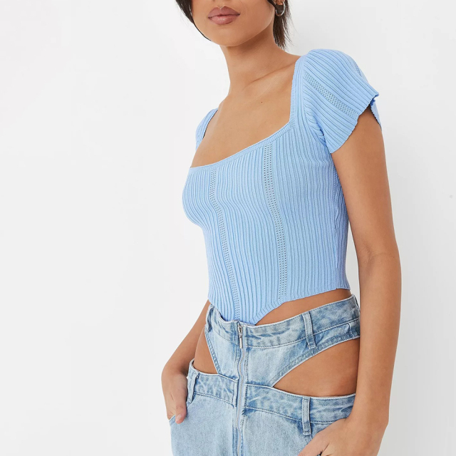 tall blue sweetheart neck rib knit t shirt