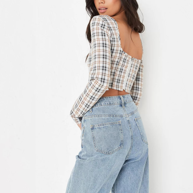 tall cream check long sleeve corset top