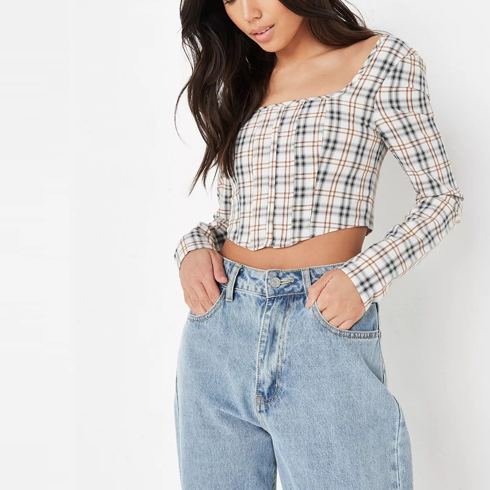 tall cream check long sleeve corset top