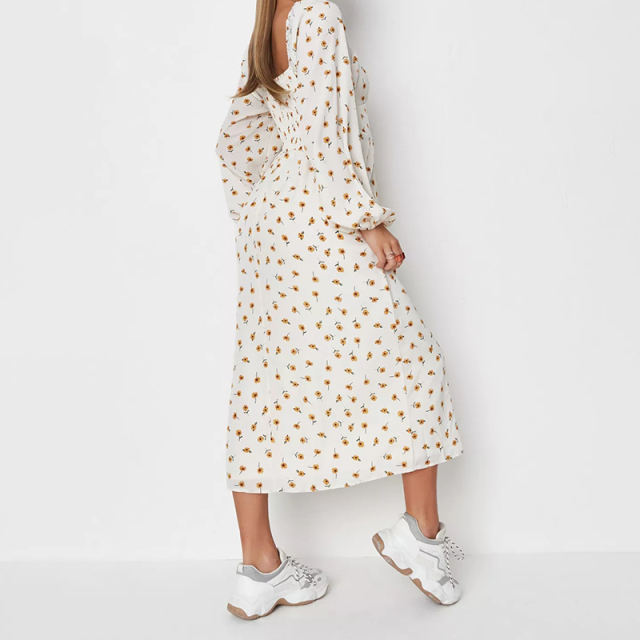 cream floral print shirred back midaxi dress