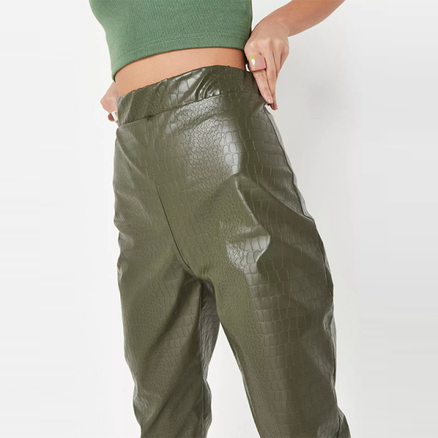 tall khaki mock croc faux leather turn up hem trousers