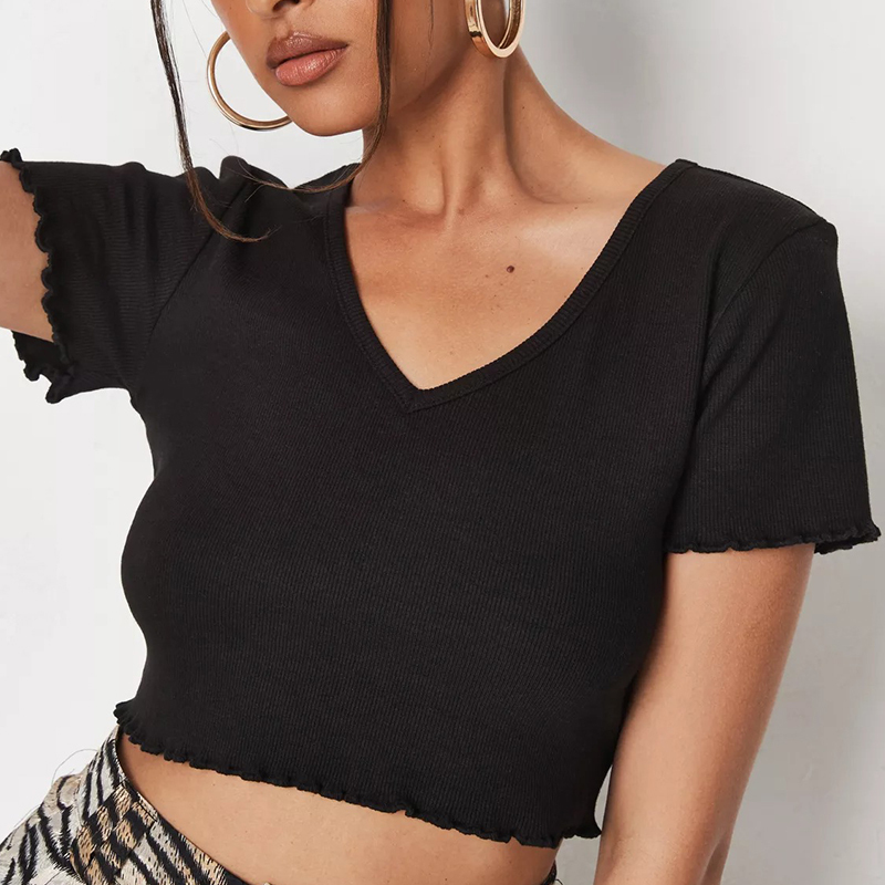 white rib lettuce hem v neck cropped t shirt