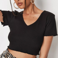 white rib lettuce hem v neck cropped t shirt