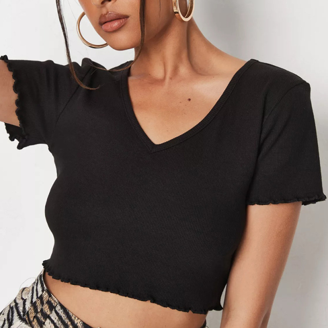 white rib lettuce hem v neck cropped t shirt