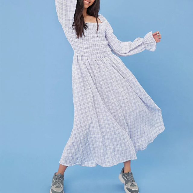 lilac check print shirred bust midaxi dress