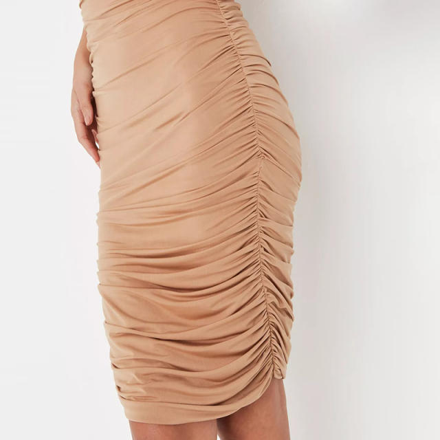 camel high neck ruched double layer slinky mini dress