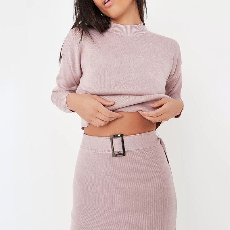 rose knit funnel neck jumper and midi skirt co ord set