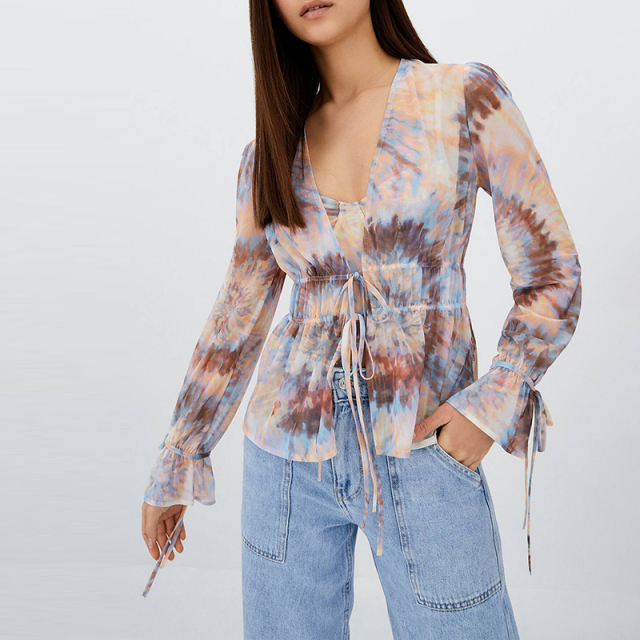 printed mesh blouse