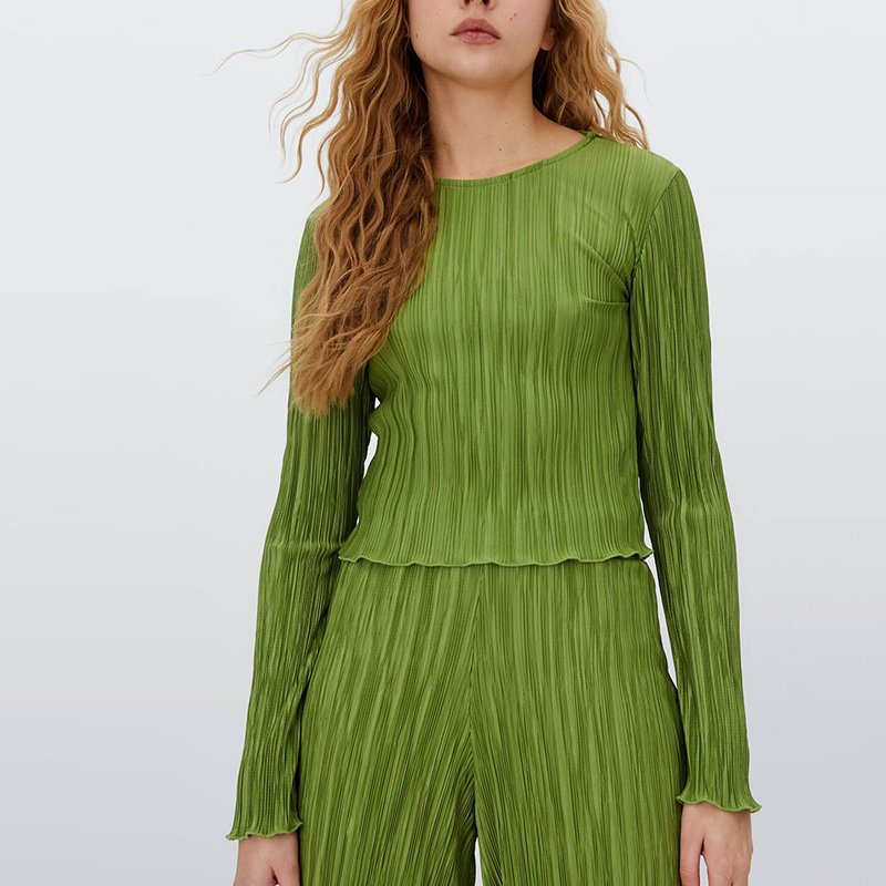 Ruffle Sleeve Pleated T-Shirt Knit Wide-Leg Trousers Set