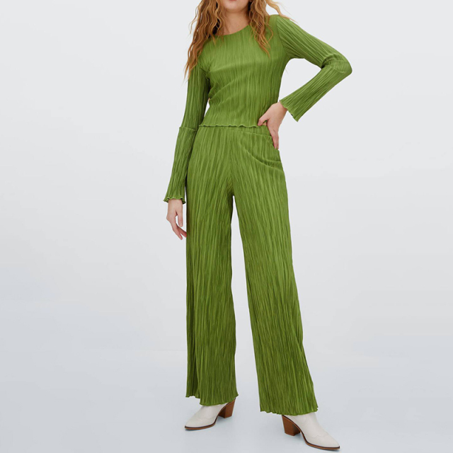 Ruffle Sleeve Pleated T-Shirt Knit Wide-Leg Trousers Set