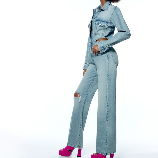 ruffled long denim jumpsuit