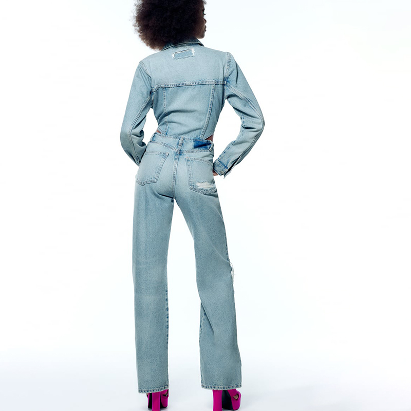 ruffled long denim jumpsuit