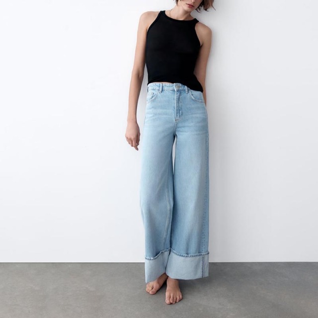 wide-leg jeans with rolled hem
