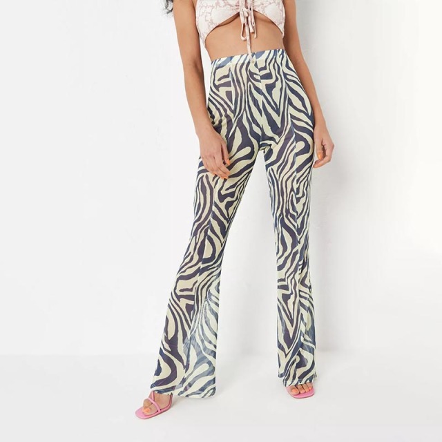 yellow zebra print wide leg mesh trousers