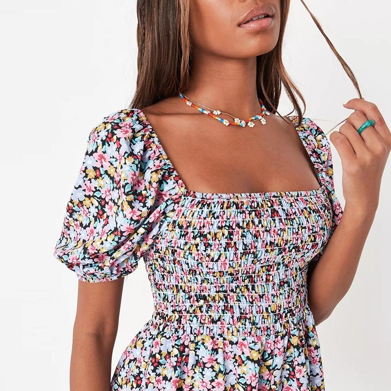 red floral print puff sleeve shirred playsuit