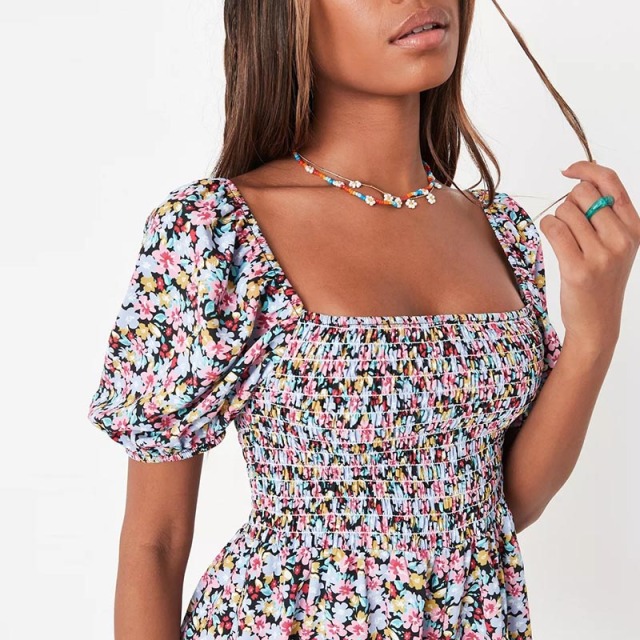 red floral print puff sleeve shirred playsuit