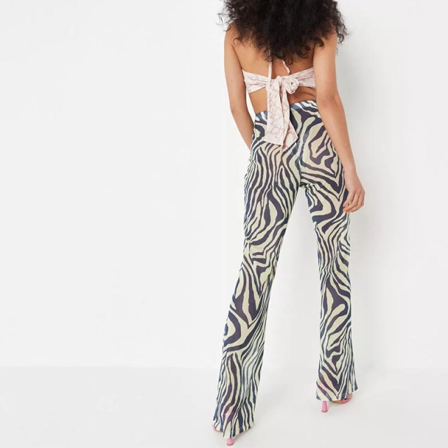 yellow zebra print wide leg mesh trousers