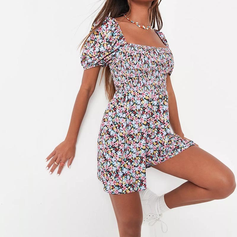 red floral print puff sleeve shirred playsuit