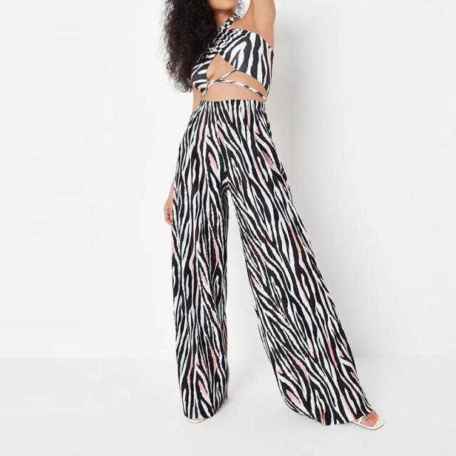 black co ord zebra print plisse wide leg trousers