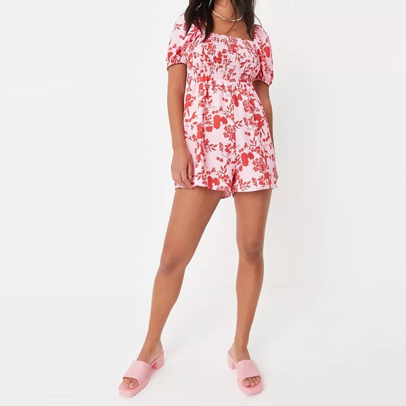 red floral print puff sleeve shirred playsuit