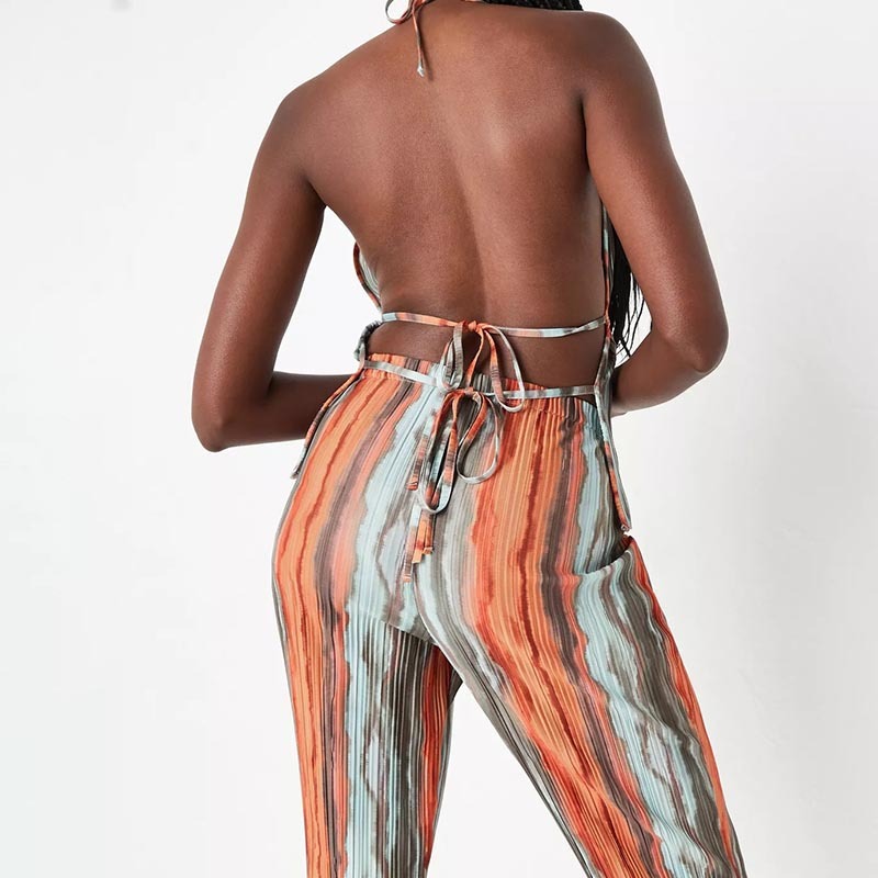 orange co ord watercolour print backless halterneck plisse top