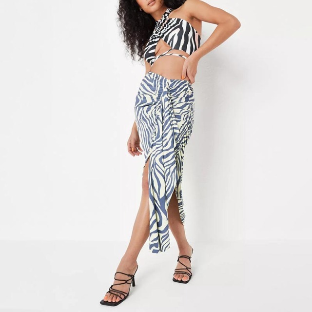 lime zebra print ruched draped panel slinky midaxi skirt