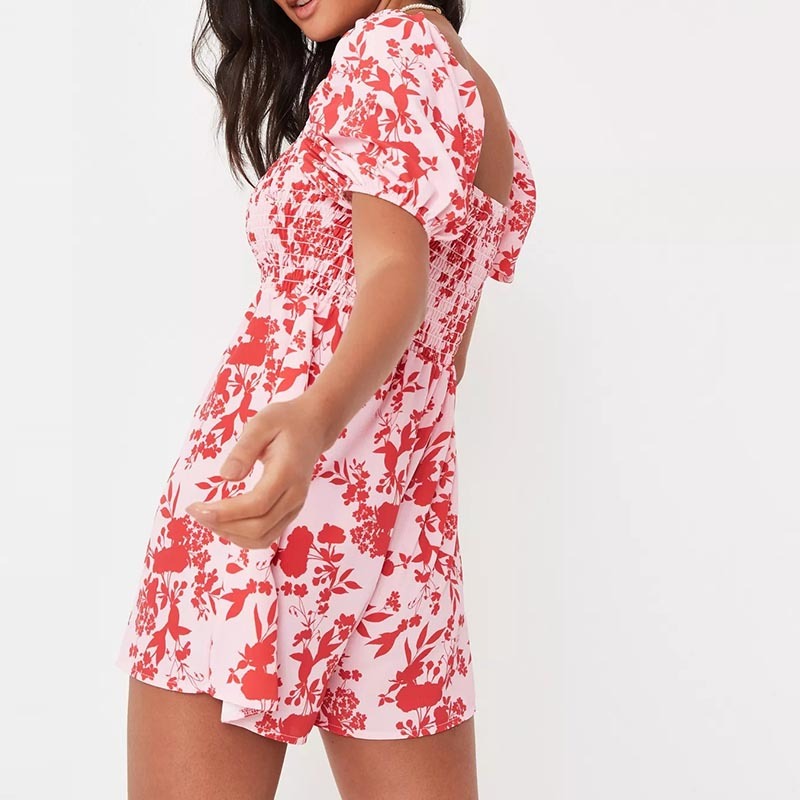 red floral print puff sleeve shirred playsuit