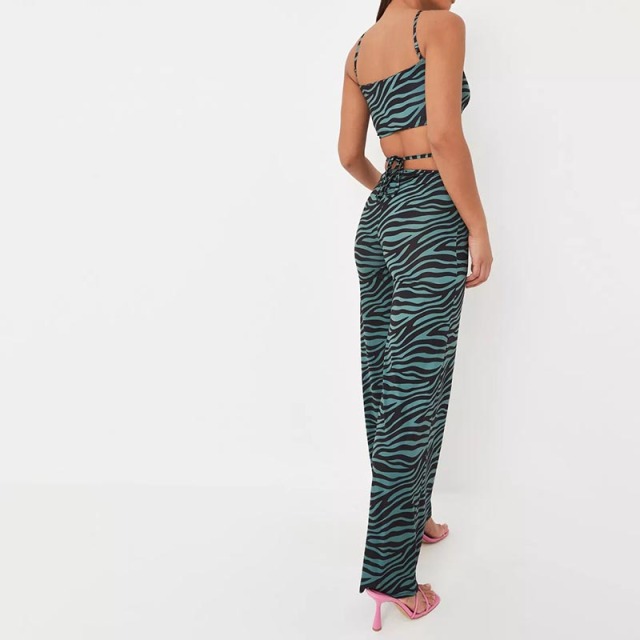 green co ord tiger print wrap straight leg slinky trousers