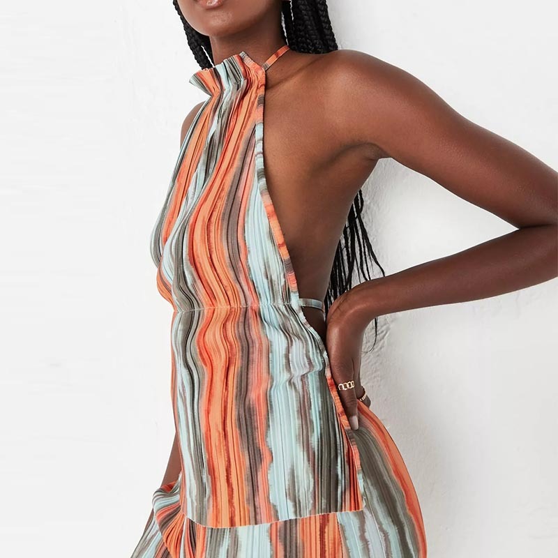 orange co ord watercolour print backless halterneck plisse top