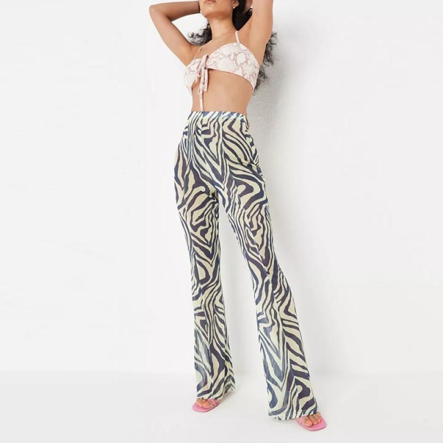 yellow zebra print wide leg mesh trousers