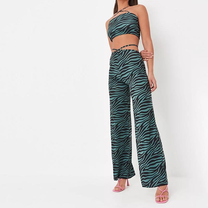 green co ord tiger print wrap straight leg slinky trousers