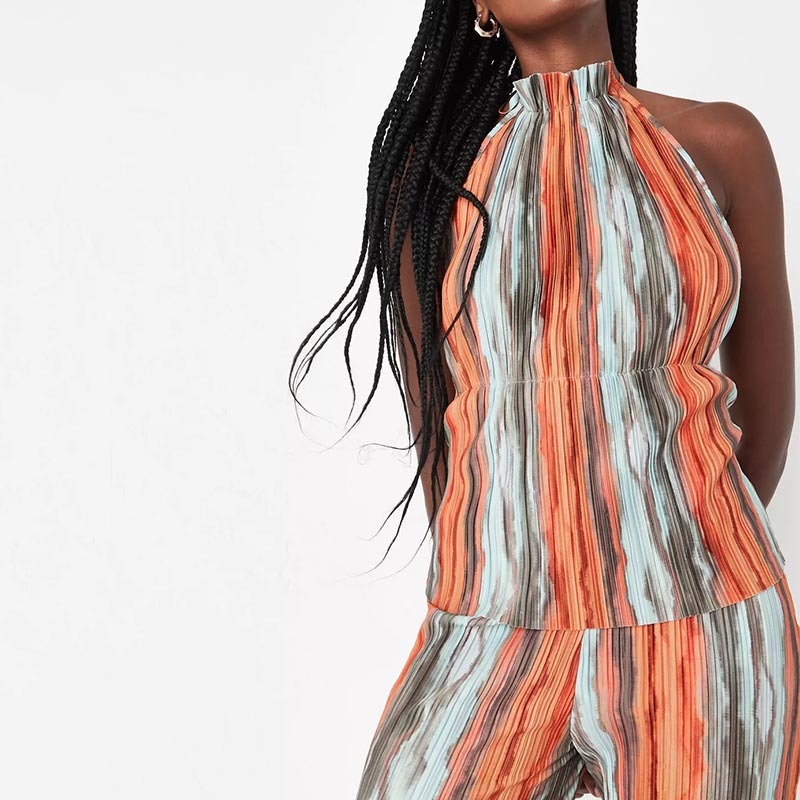 orange co ord watercolour print backless halterneck plisse top