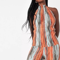 orange co ord watercolour print backless halterneck plisse top