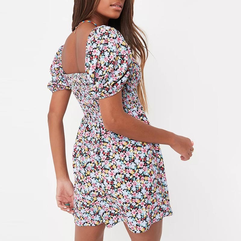 red floral print puff sleeve shirred playsuit