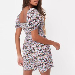 red floral print puff sleeve shirred playsuit