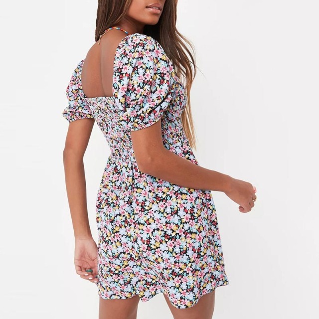red floral print puff sleeve shirred playsuit