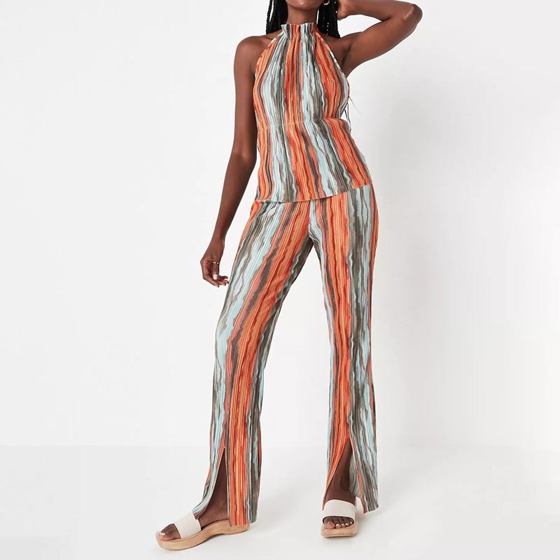 orange co ord watercolour print backless halterneck plisse top