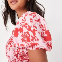red floral print puff sleeve shirred playsuit