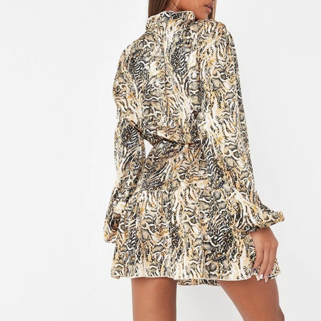 yellow animal print v neck balloon sleeve mini dress
