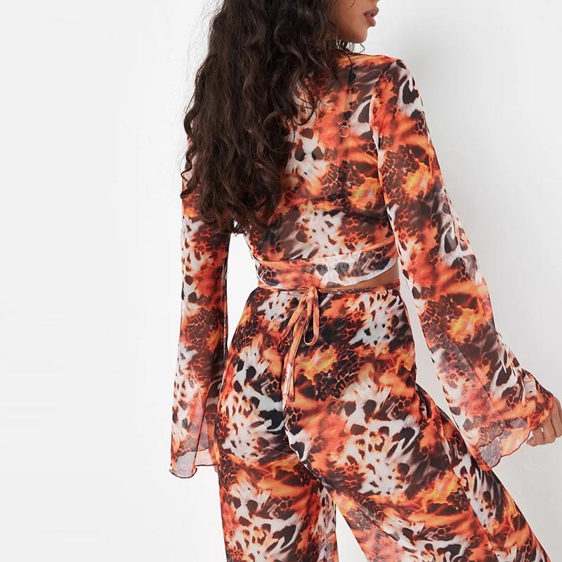 red flame leopard print tie front beach cover up top