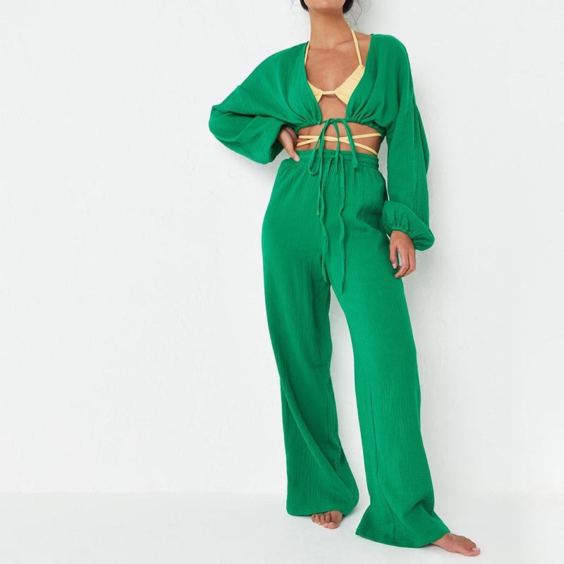 green textured wide leg trousers