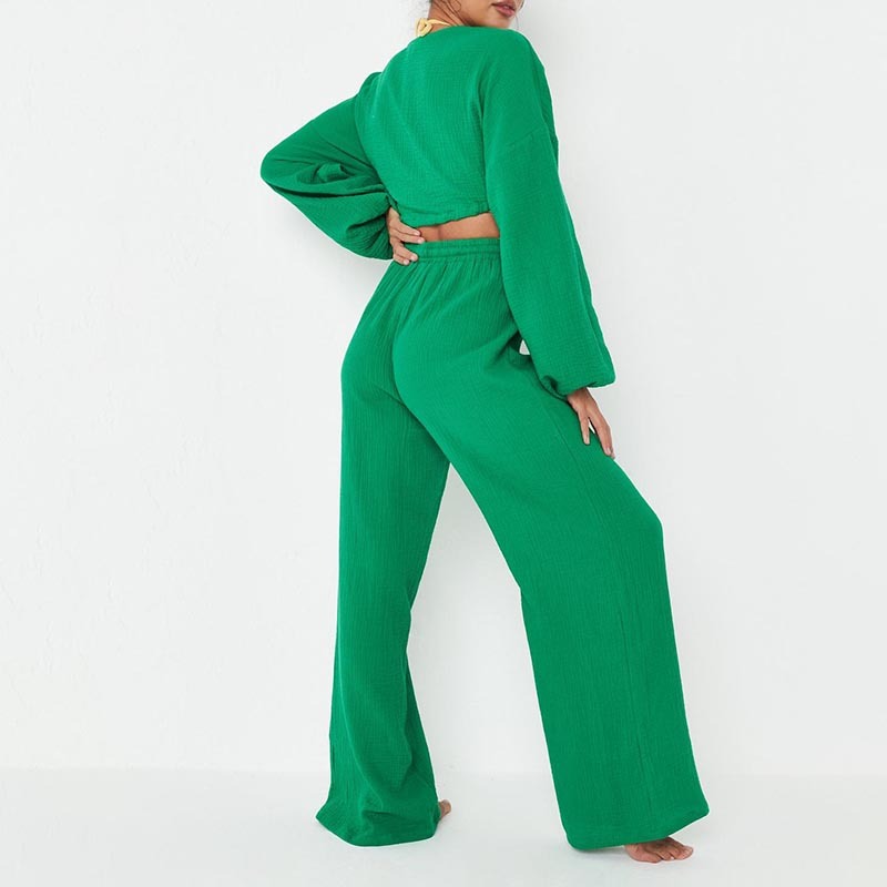 green textured wide leg trousers