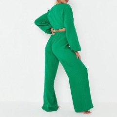 green textured wide leg trousers