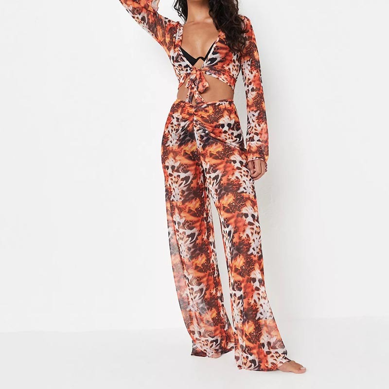 red flame leopard print tie front beach cover up top
