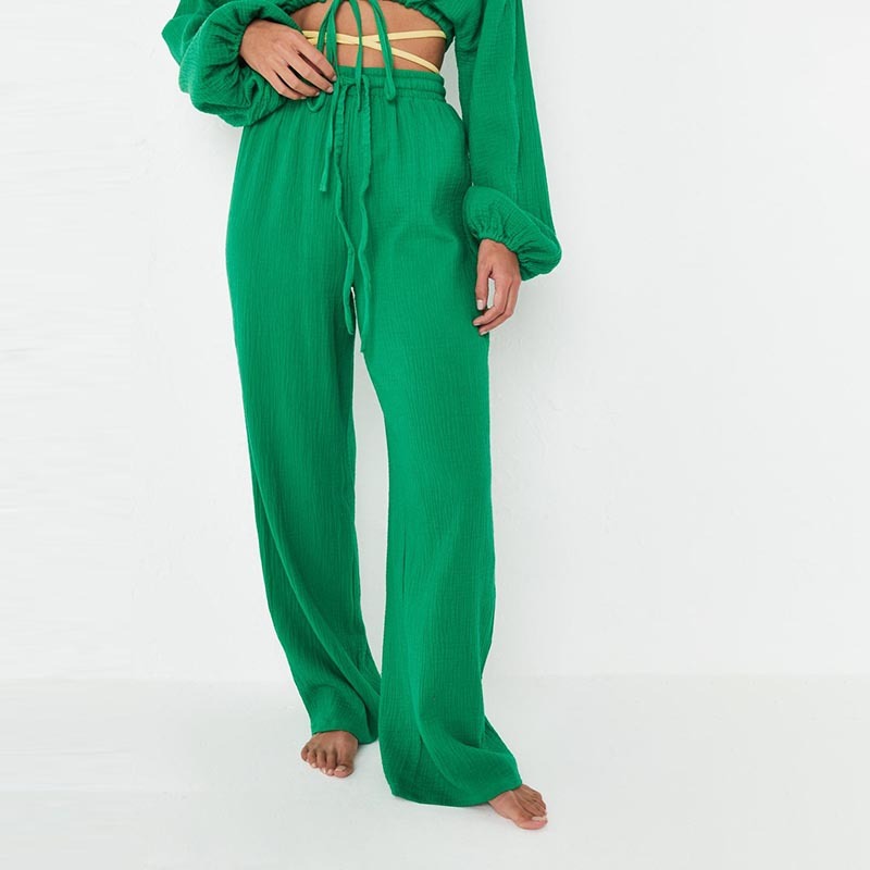 green textured wide leg trousers