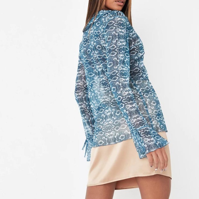 blue snake print ruffle flute sleeve sheer mesh top