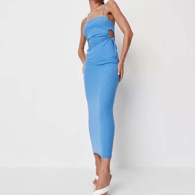 blue rib cut out side ruched midaxi dress