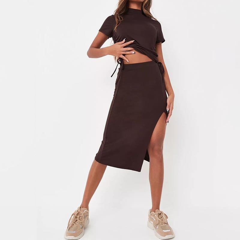 chocolate ruched side top and midi skirt co ord set