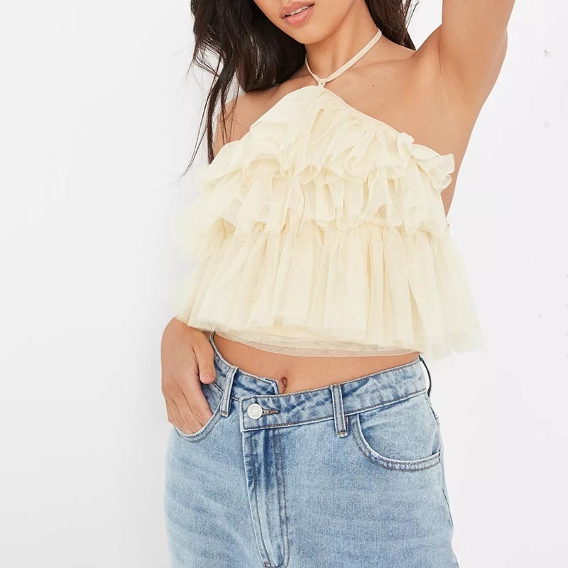 lemon tiered halterneck tulle crop top
